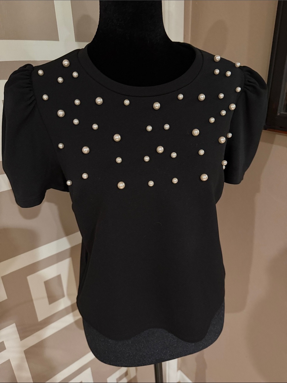 BCBGeneration Black Puff Sleeve Top with Pearl Embellishments